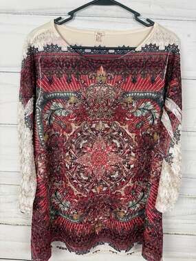 Reba Women's XL Lace Metallic Glitter Overlay Studded 3/4 Sleeve Top